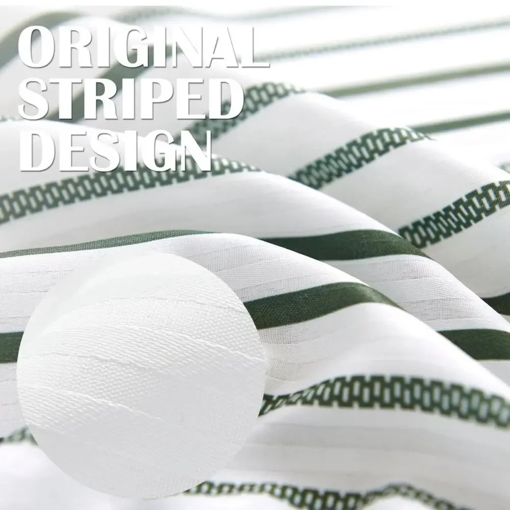 jinchan White Fabric Shower Curtain with Green Stripes- Waterproof Bath 70x72”